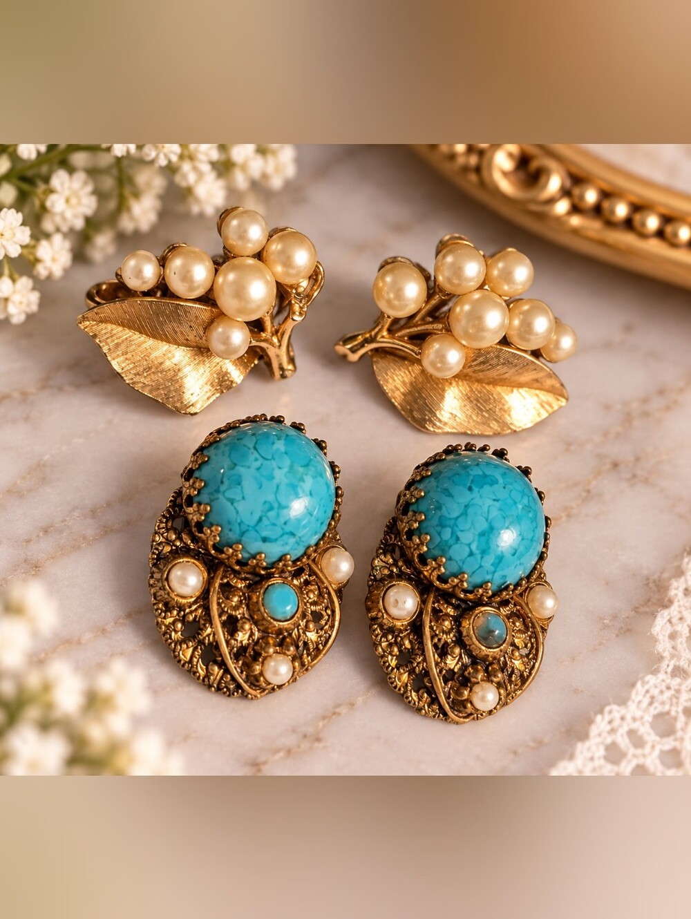 Vintage Designer Earring Lot • Crown Trifari Pearl Leaf & West Germany Turquoise